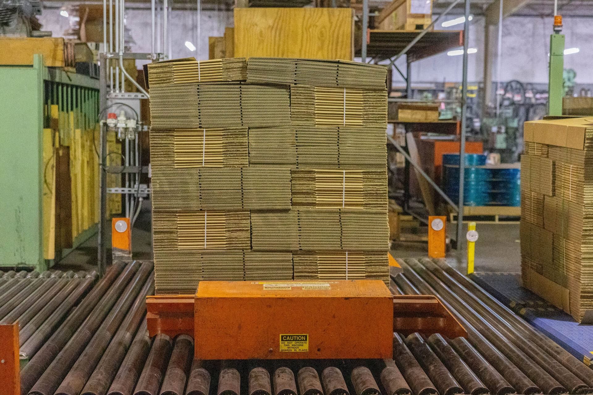 large pallet of cardboard boxes in the warehouse