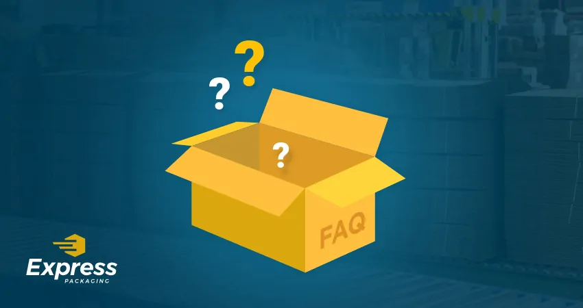 Graphic of box with question marks coming out and Express Packaging logo