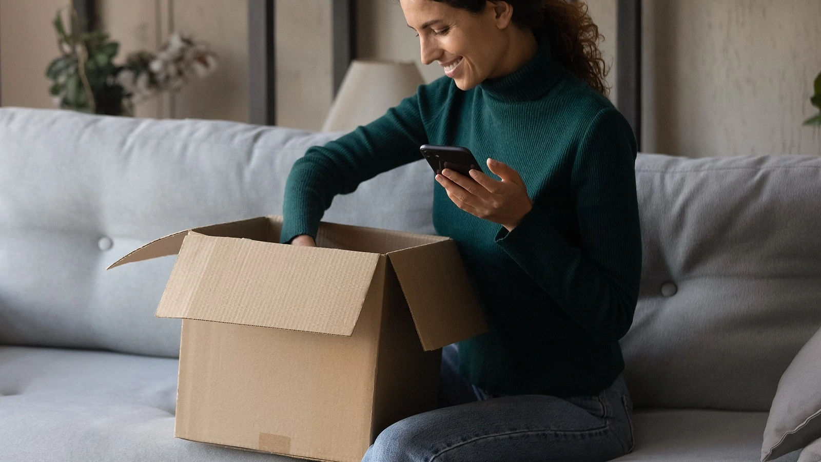 Excited Woman Unbox Package Shopping Online On Cell