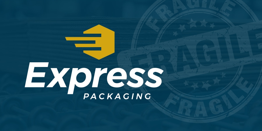 Fragile sticker with blue overlay and Express Packaging logo