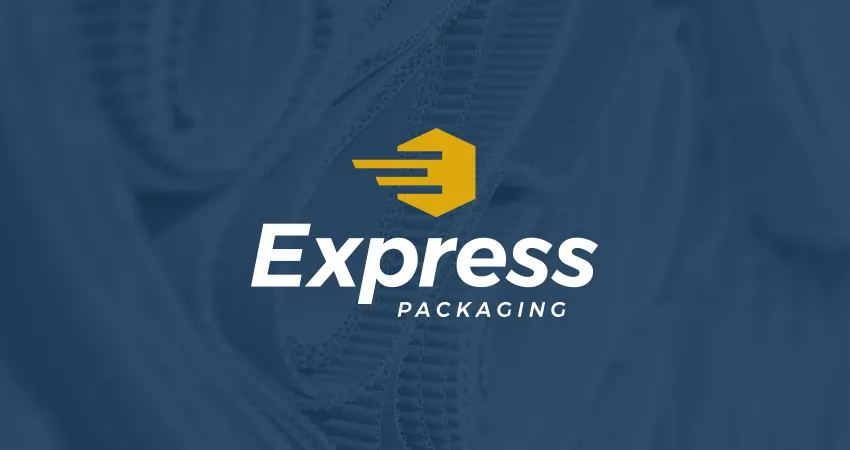 Express Packaging logo over picture of corrugated cardboard with blue overlay