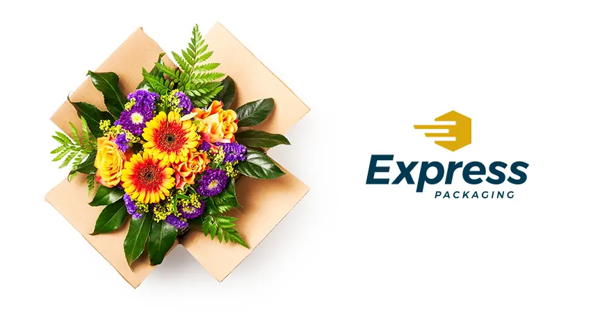 Flowers in a box with Express Packaging logo