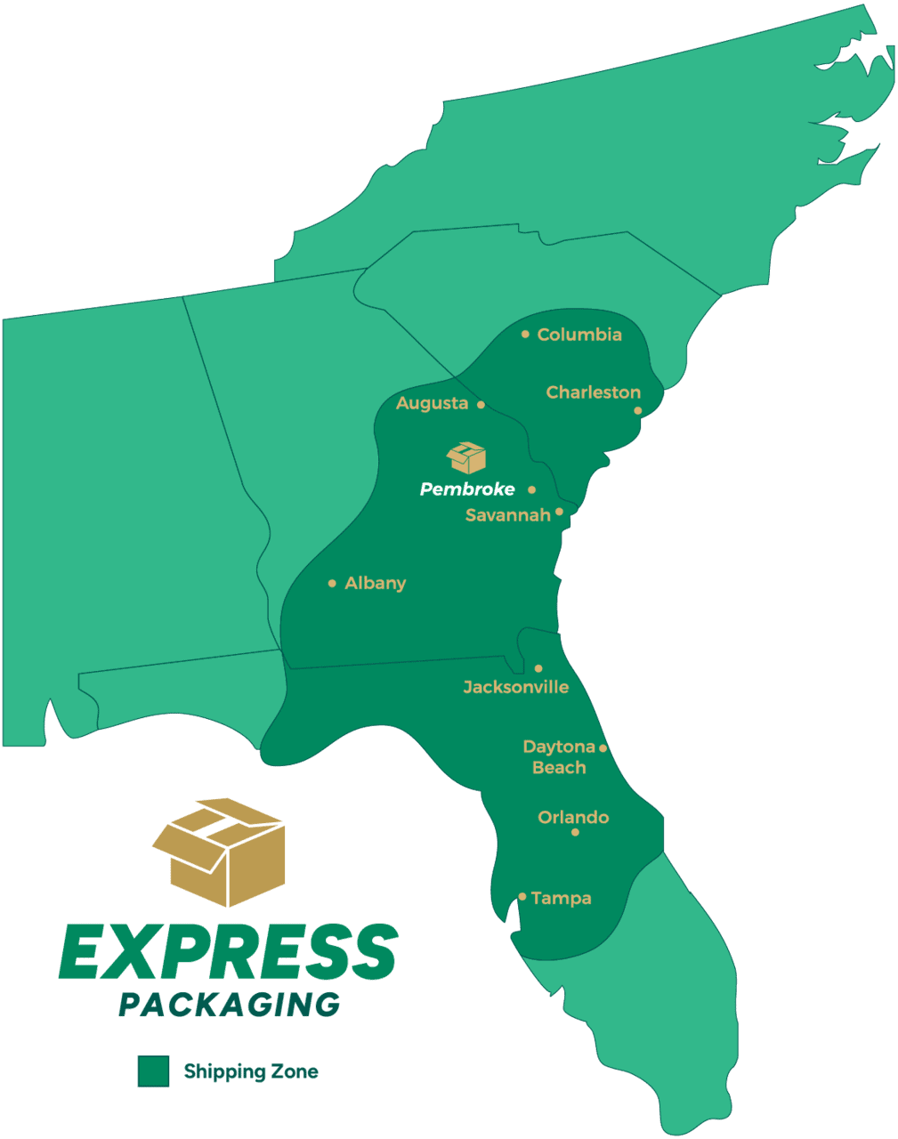 US map show the East Coast with the Express Packaging service area highlighted