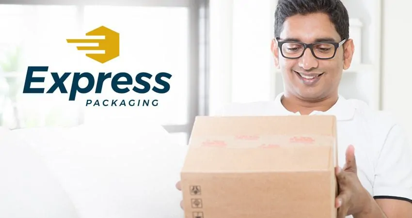 man happy looking at package logo