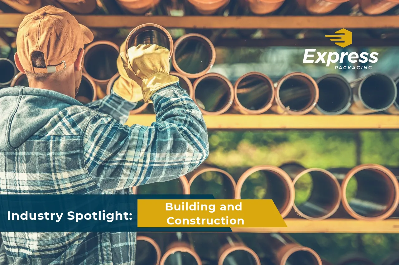 Person placing pipes on a rack with Express Packaging logo