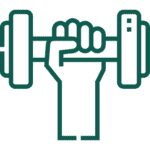 graphic of a hand holding a weight that displays strength